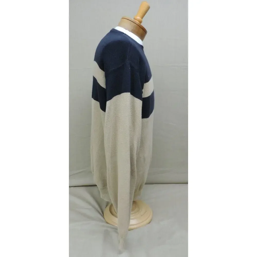 Nautica men's size L cotton crew neck sweater knit tan and navy blue